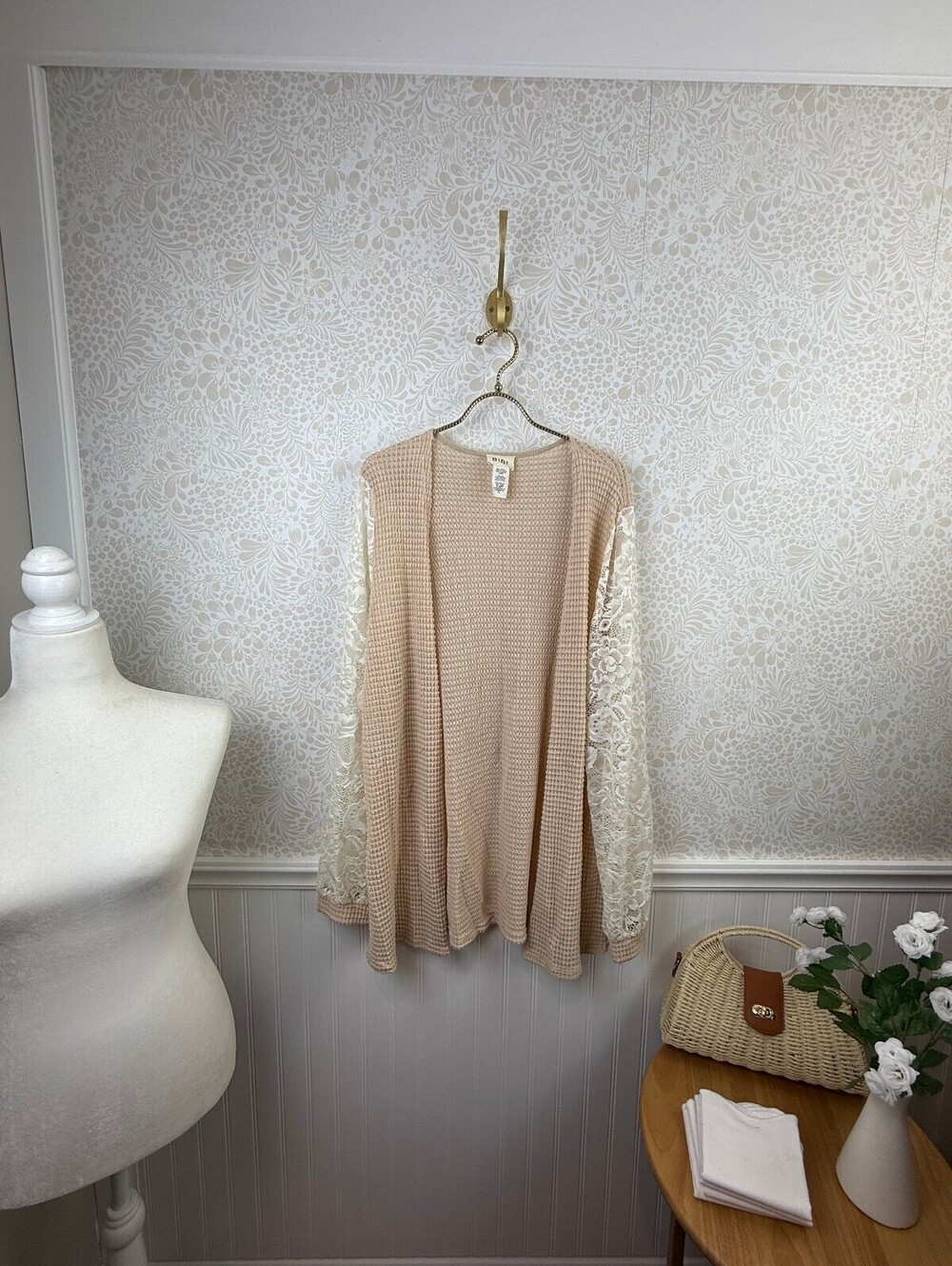 BiBi Beige and Cream Lace Sleeve Open-Front Waffle Knit Cardigan Top - Size - XL